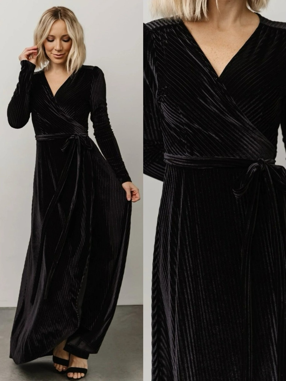 Baltic Born Jada Ribbed Velvet Wrap Maxi Dress in Black